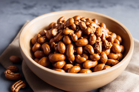 Roasted peanuts in a wooden bowl on a gray background, selective focus.の素材