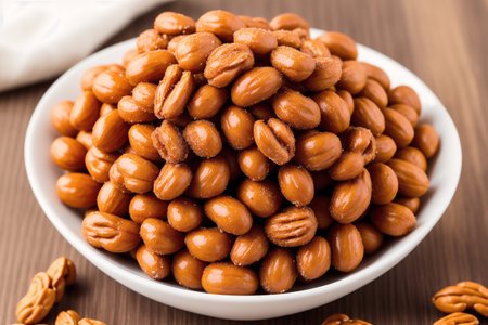 Roasted peanuts in white bowl on wooden background. Close up.の素材