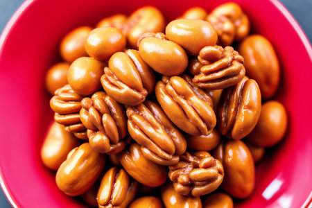 Pecan nuts in a red bowl on the table, close upの素材