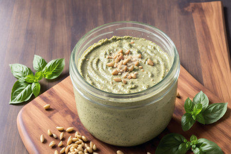 Homemade pesto sauce in a glass jar on a wooden backgroundの素材