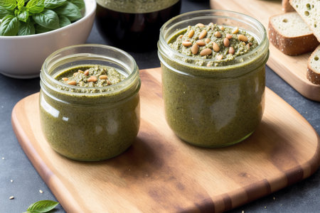 Spinach sauce in a glass jar on a wooden board.の素材