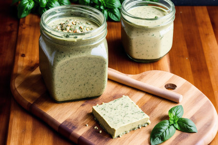 Spinach smoothie in a glass jar on a wooden boardの素材