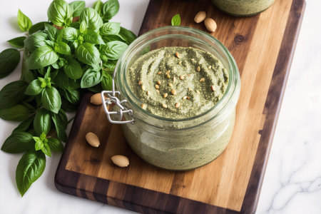 Homemade basil pesto sauce in a glass jar on a wooden boardの素材