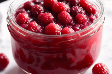 Cranberry jam in a glass jar on a white background.の素材