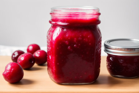 Cranberry jam in a glass jar on a wooden board.の素材