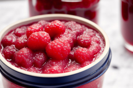 Raspberry jam in a jar on a white background. Selective focus.の素材