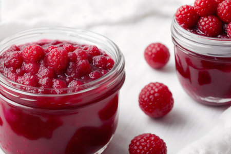 Raspberry jam in a glass jar on a white wooden background.の素材