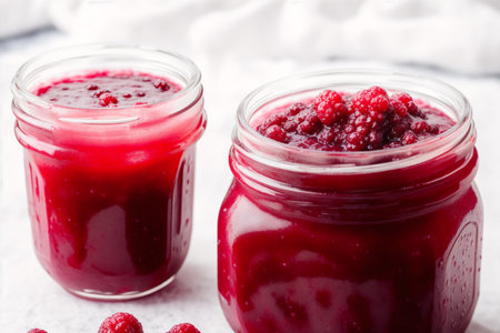 Raspberry jam in glass jars on a white background. Selective focus.の素材