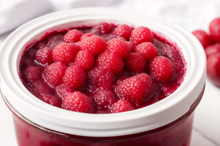 Raspberry jam in a jar on a white background. Selective focus.の素材