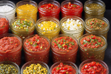 Variety of sauces in glass jars on dark background, top viewの素材