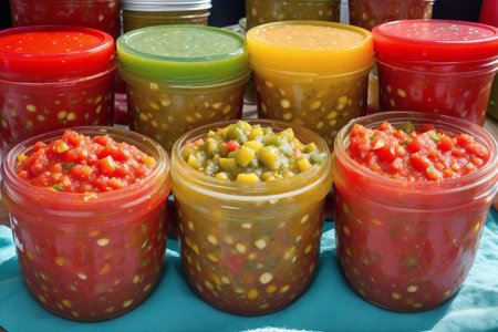 Assorted sauces in glass jars on table, closeup. Food backgroundの素材