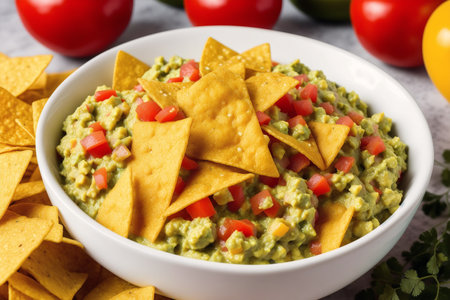 Bowl of tasty guacamole with nachos on tableの素材