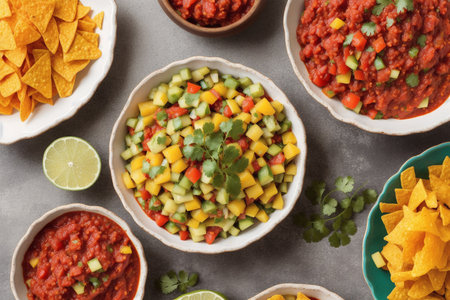 Top view of a group of colorful bowls with salsa, guacamole and corn chipsの素材