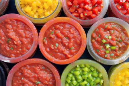 Close up of a selection of gazpacho in a glass containerの素材