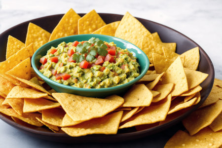 Guacamole with nachos chips on a white backgroundの素材
