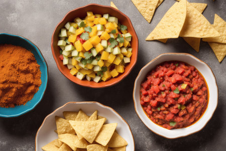Bowls with salsa and nachos on grey background, top viewの素材