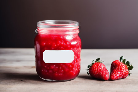 Strawberry jam in a glass jar on a wooden background.の素材