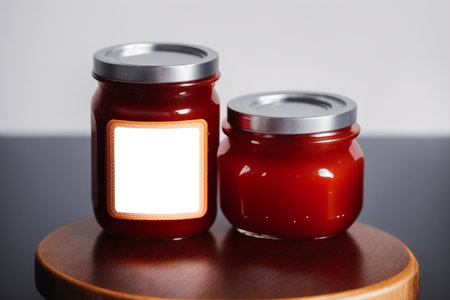Two glass jars with jam on a wooden stand on a gray backgroundの素材