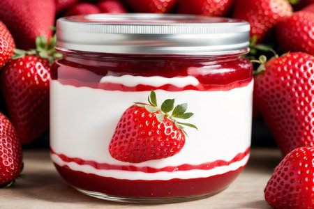 Strawberry dessert in a jar with fresh strawberries on wooden tableの素材