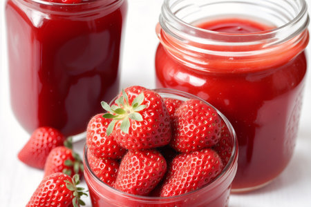 Strawberry jam in glass jars with fresh strawberries on white wooden tableの素材