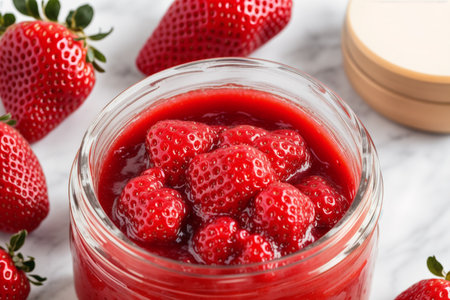 Strawberry jam in a glass jar on a white marble backgroundの素材