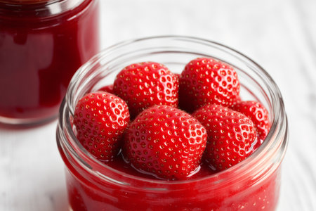 Strawberry jam in a glass jar on a white wooden backgroundの素材