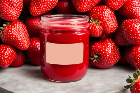 Strawberry jam in a glass jar with fresh strawberries on a gray backgroundの素材