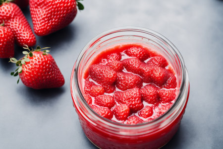 Strawberry jam in a glass jar on a gray background.の素材