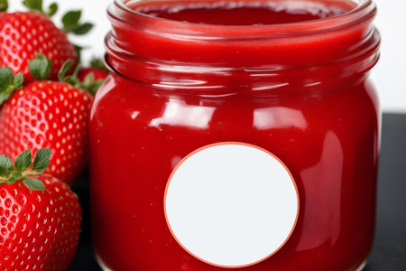 Strawberry jam in a glass jar with fresh strawberries on a black backgroundの素材