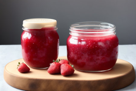 Strawberry jam in a glass jar and fresh berries on a wooden boardの素材