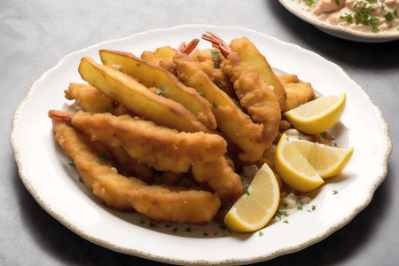 Fish and chips with lemon and parsley on a white plate.の素材