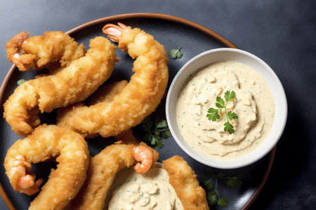 Fried shrimps rings with mayonnaise and parsleyの素材