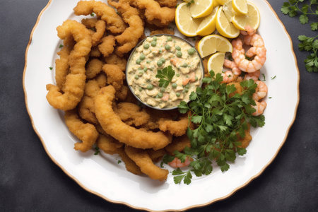 Deep fried shrimps served with lemon and parsley on a plateの素材