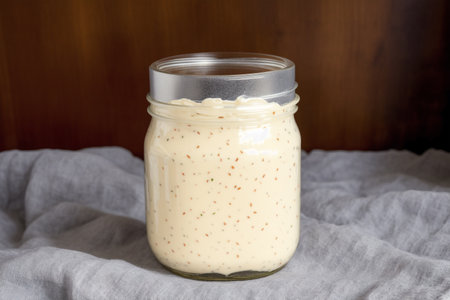 Homemade mayonnaise in a glass jar on a gray backgroundの素材