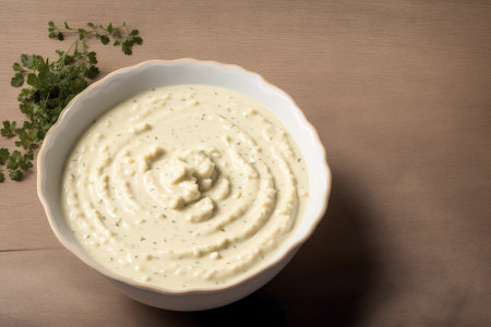 Close up of a bowl of creamy tzatziki with parsleyの素材