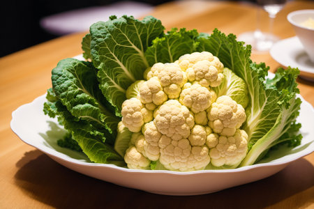 Cauliflower in a white bowl on a wooden table, close upの素材