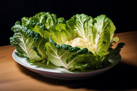 Fresh Chinese cabbage on a white plate on a wooden table. Toned.の素材