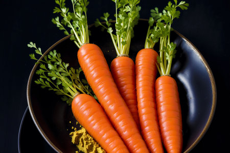 Fresh carrots with green leaves on black background. Healthy food concept.の素材