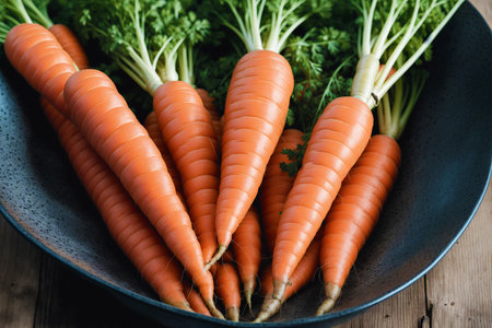 Bunch of fresh carrots with green leaves in a bowl on wooden tableの素材