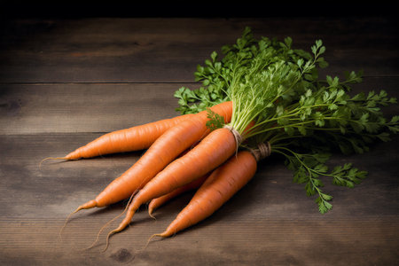 Bunch of fresh carrots with green leaves on wooden background. Toned.の素材