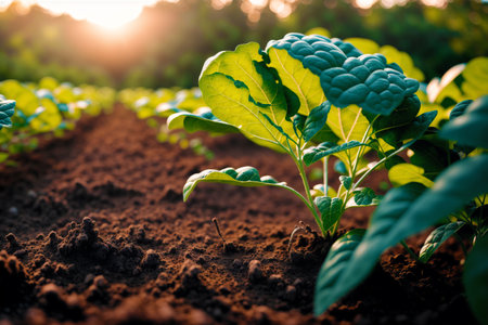 Young sprouts of cabbage in the field. Vegetable seedlings.の素材