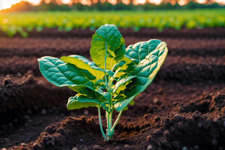Young spinach plant growing in the field at sunset. Selective focus.の素材