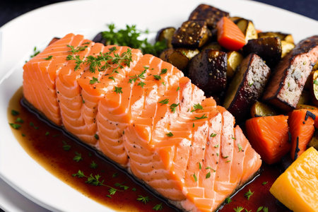 Salmon Sashimi with Eggplant and Potatoes on a Plateの素材