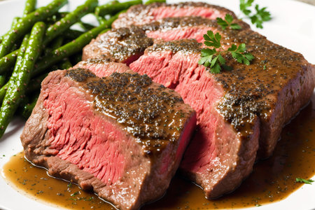Slices of medium rare roast beef with green asparagusの素材