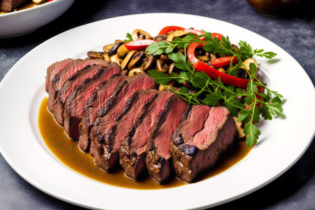 Sliced roast beef with mushrooms and vegetables on a white plateの素材