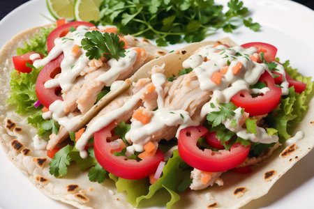 Tortilla wrap with chicken and vegetables, close-up, horizontalの素材