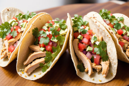 Mexican tacos with chicken, avocado, tomato and cilantro.の素材