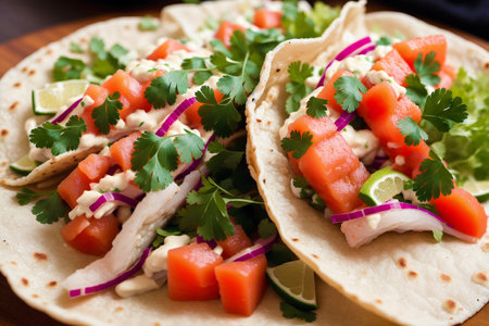 Mexican tacos with salmon, avocado, cilantro, onion and sauceの素材