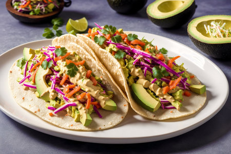 Mexican tacos with guacamole, avocado and fresh vegetablesの素材