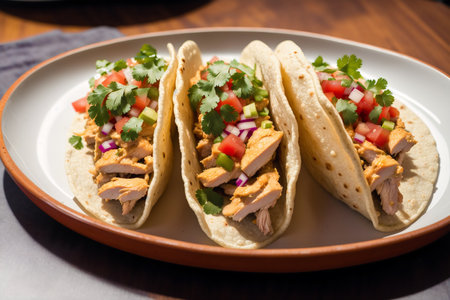 Mexican tacos with chicken, avocado, red onion and cilantroの素材
